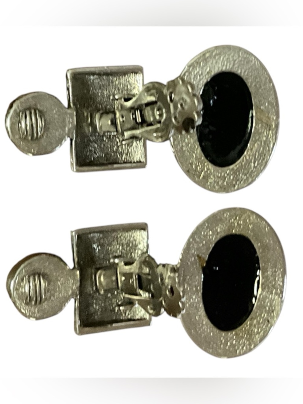 Vintage Black Cabochon Clip On Earrings Silver Tone Ornate Dangle Gothic Baroque - Picture 6 of 7